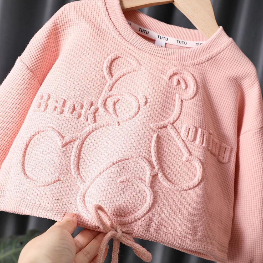 2024 Spring/Autumn Girls' Cartoon Bear Sweatshirt & Pants Set