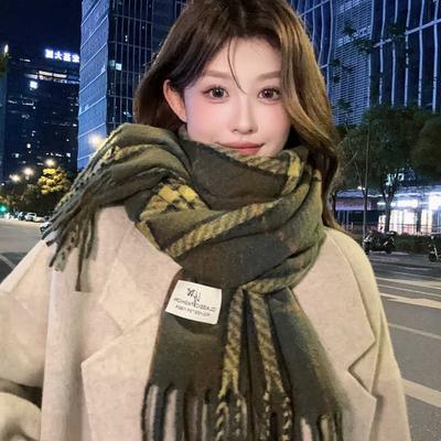 Green Season Retro Plaid Scarf Women'S Thickened Warm Outer Shawl Dual-Purpose Scarf