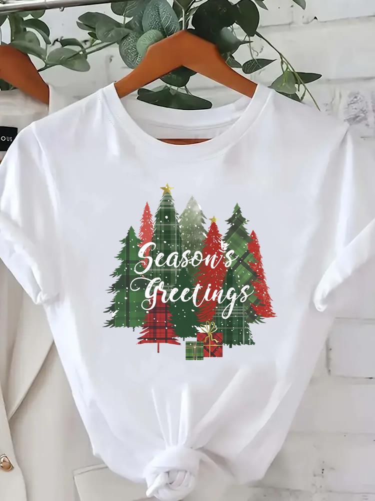 (Asian Size) Short Sleeve T-shirts  Print merry Christmas o-neck festival lovely Women's Top new year T Clothing Fashion holiday Graphic Tee