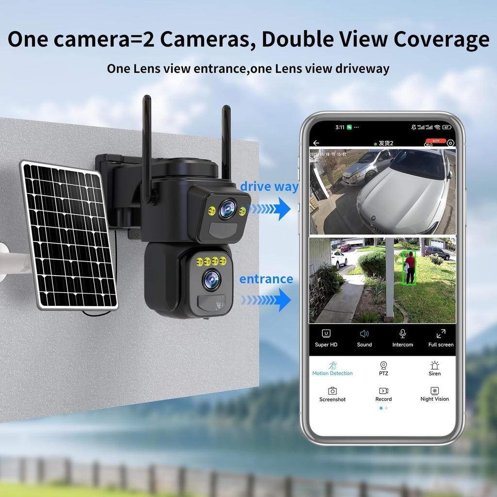 OKAM PRO Bezpečnostní solární kamera Duální objektiv HD 10MP 4G SIM kamera PIR detekce pohybu Obousměrný interkom Noční vidění Venkovní kamera
