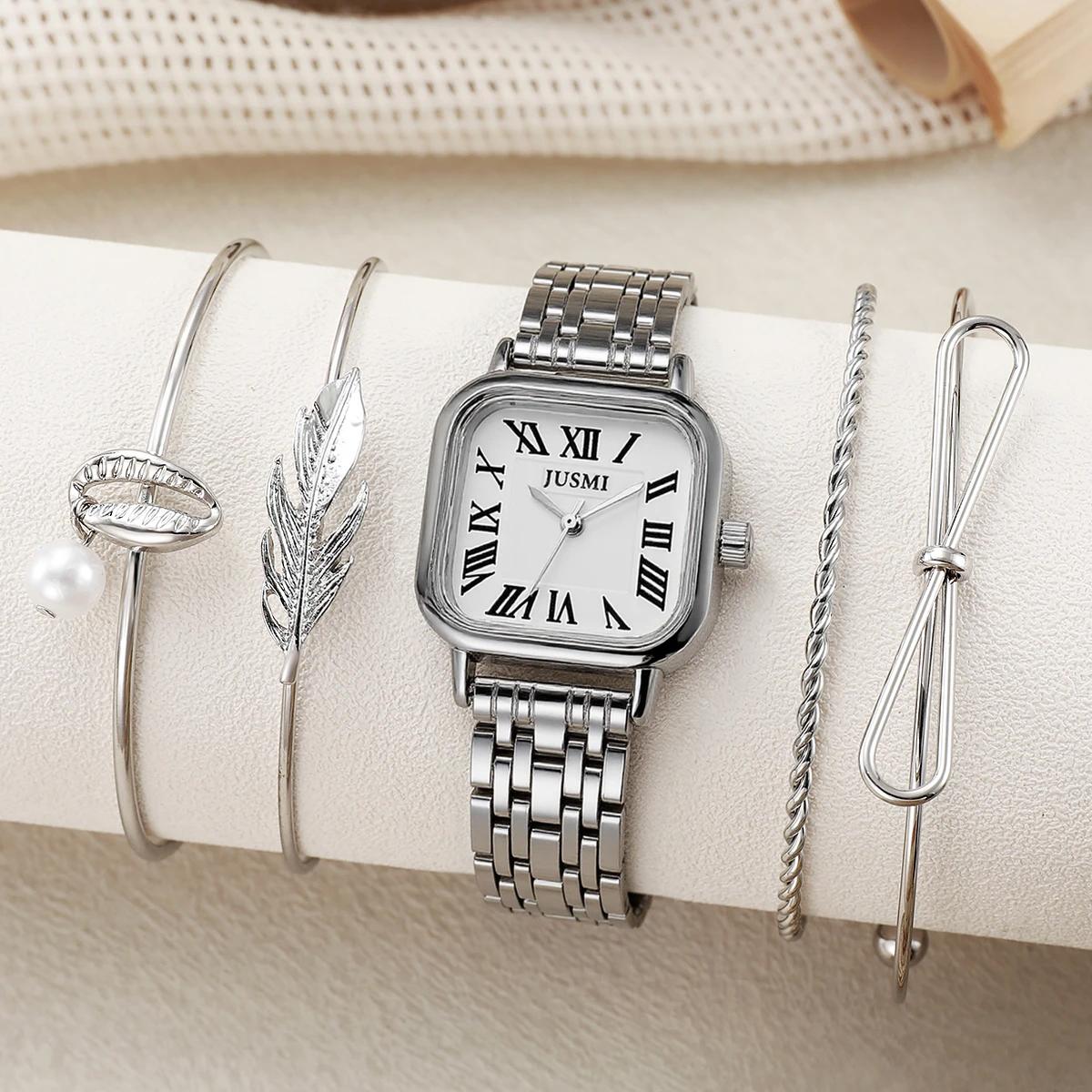 

Fashionable Compact Square Dial Alloy Strap Roman Numerals Women s Quartz Watch Jewelry Set for Christmas and Halloween Gifts серебряный