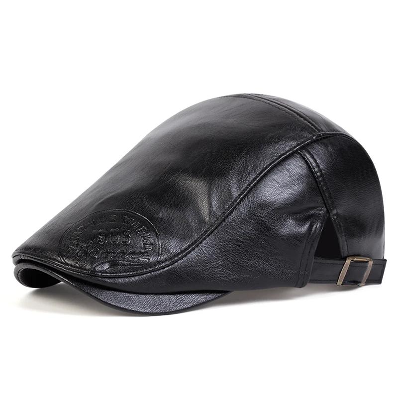 Newsboy Brand Latest Fresh Leather PU Faux 1985 School Old Vintage Men Caps British Painters Hats Spring Autumn Side Adjustable Flat Cap Hip Hop