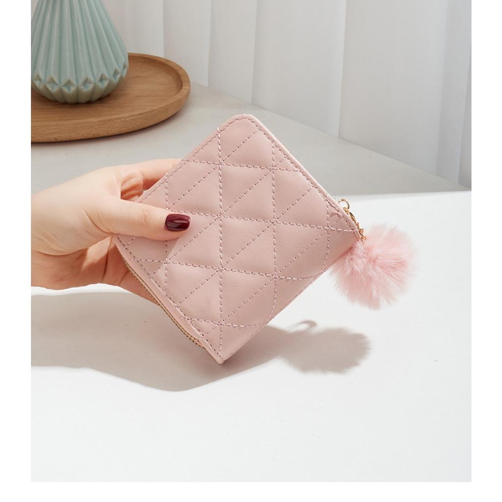 Small Fur Ball Bag, Double Layered Wallet, Diamond Grid, Ladies', Short, Hand-held, Coin Purse
