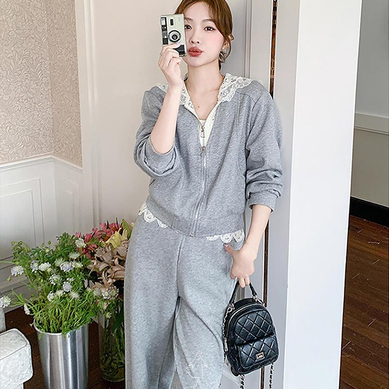 Women Lace Trim Fake Two Piece Hooded Tracksuit Long Sleeve Zip Jacket High Waist Wide Leg Pants 2 Piece Casual Commute Outfit Set S