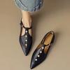 Xiaoxiangfeng Pointed Flat-bottomed Pearl Mary Jane Shoes Women's Niche Hollow Thong Belt Thick-heeled Low-heeled Shoes Single Shoes