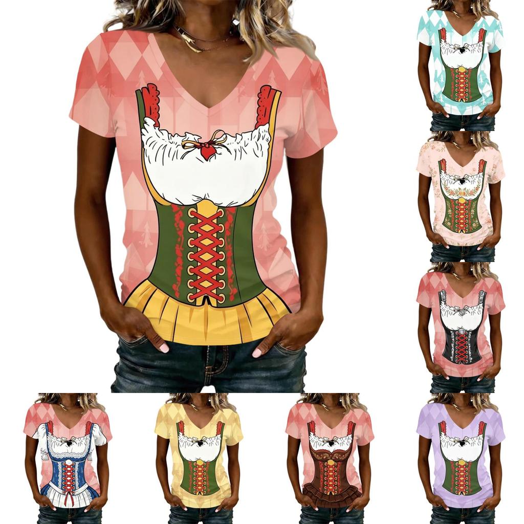 Women's Casual V Neck Short Sleeve T Shirt Oktoberfest Print Top Lightweight Soft Fabric Relaxed Fit Tee for Everyday Wear