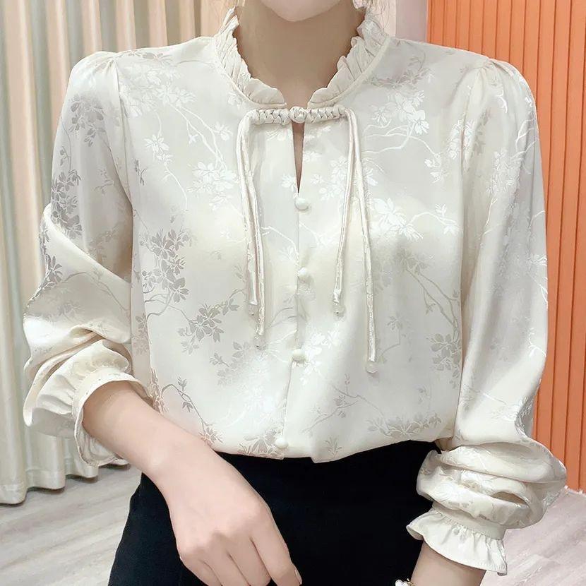 

Элегантная свободная рубашка с длинным рукавом из сатина в китайском стиле для женщин - винтажная блузка 4XL бежевый