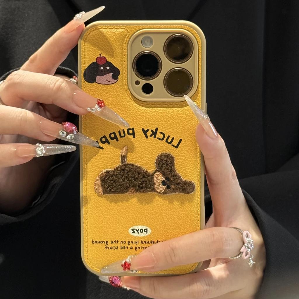 Embroidered Puppy Lanyard for Apple 16/17 Phone Case iPhone 15 Bulge Bag Candy Air Cushion 14 Bracket 13