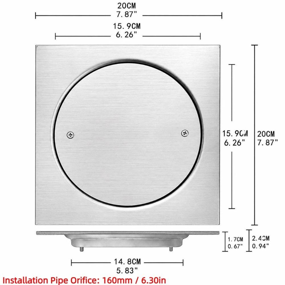 304 Stainless Steel Floor Drain Strainer Screw Fixation Silver Drainage Port Cover Square Well Sealed Clean Out Cover Kitchen