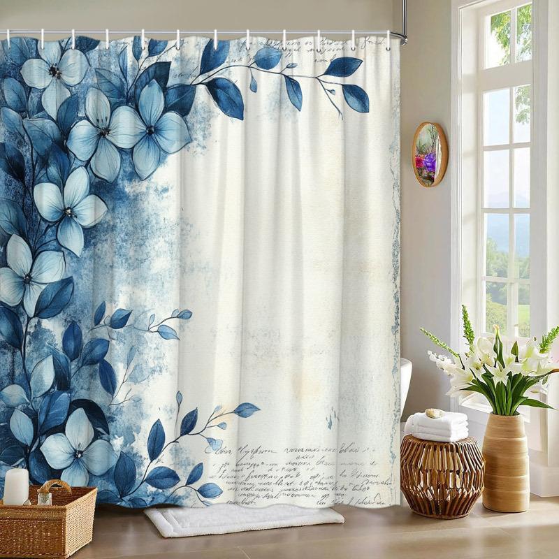 

1 Vintage Floral Shower Curtain, Blue And White Flowers, Elongated Leaves, Textured Background, With Hooks, Polyester Fabric W60H190(CM)-1 Pcs