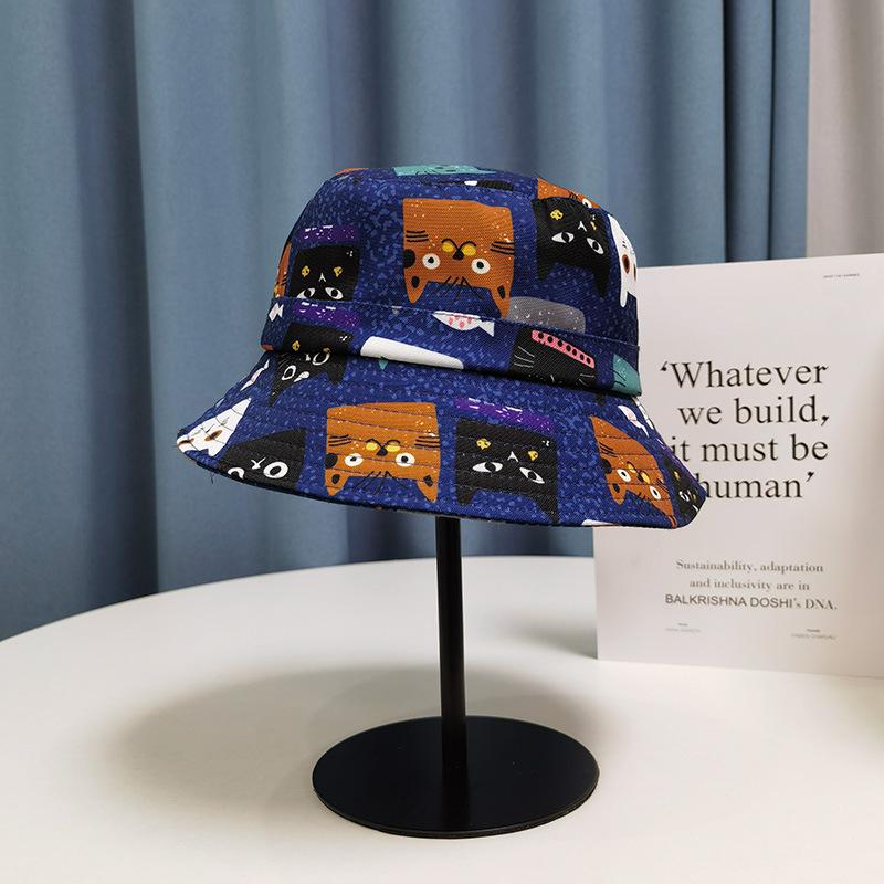 Summer shading personality print cartoon kitten face bucket hat female