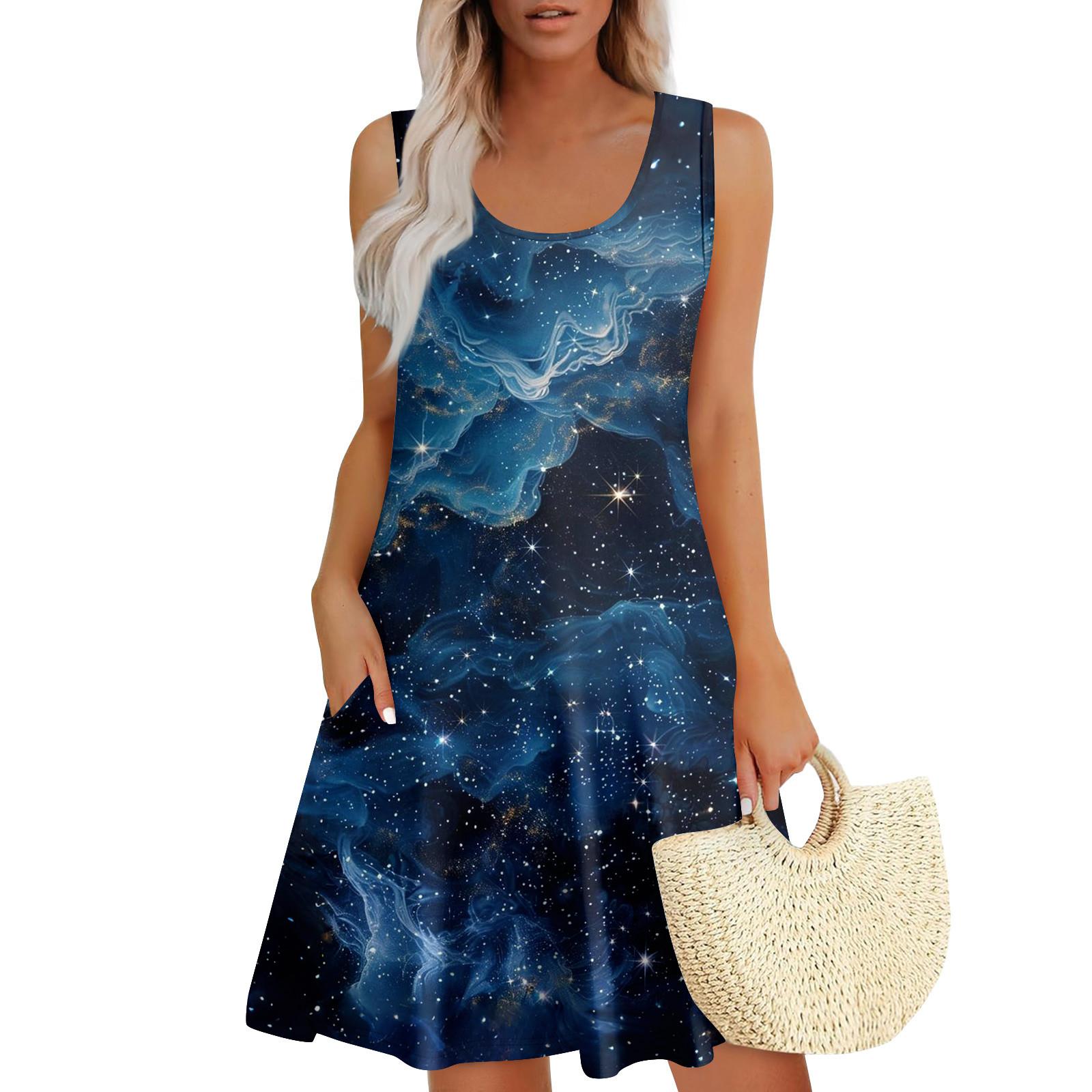 

Женские летние платья Пасхальный принт Свободные сарафаны без рукавов с U-образным вырезом Платье с карманами XXL тёмно-синий