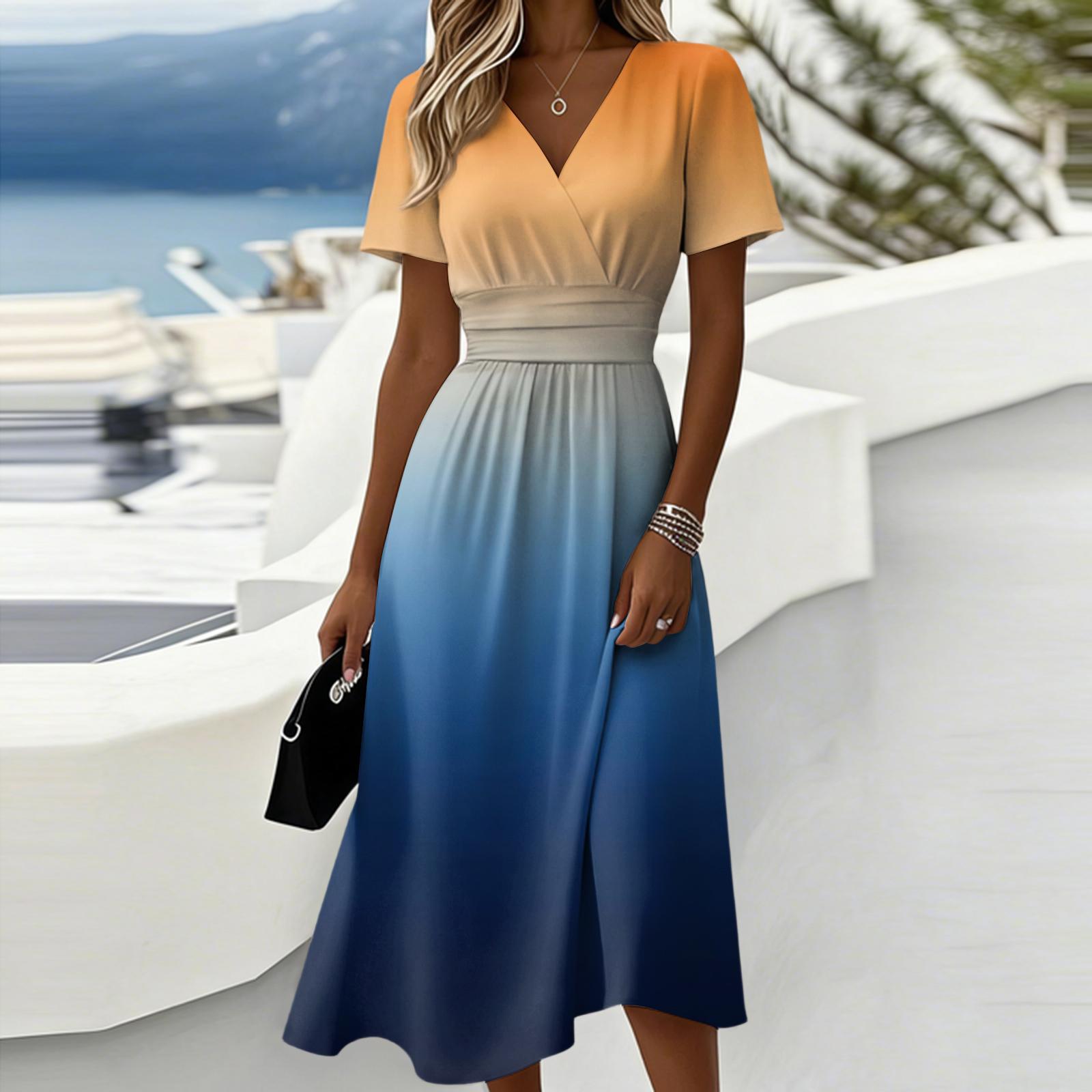 

Женское градиентное повседневное модное платье с коротким рукавом и V-образным вырезом L синий