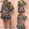Spring New Arrivals Women's Wear Vintage Elegant Stand Collar Printed Tie-Belt Dress Mini Skirt