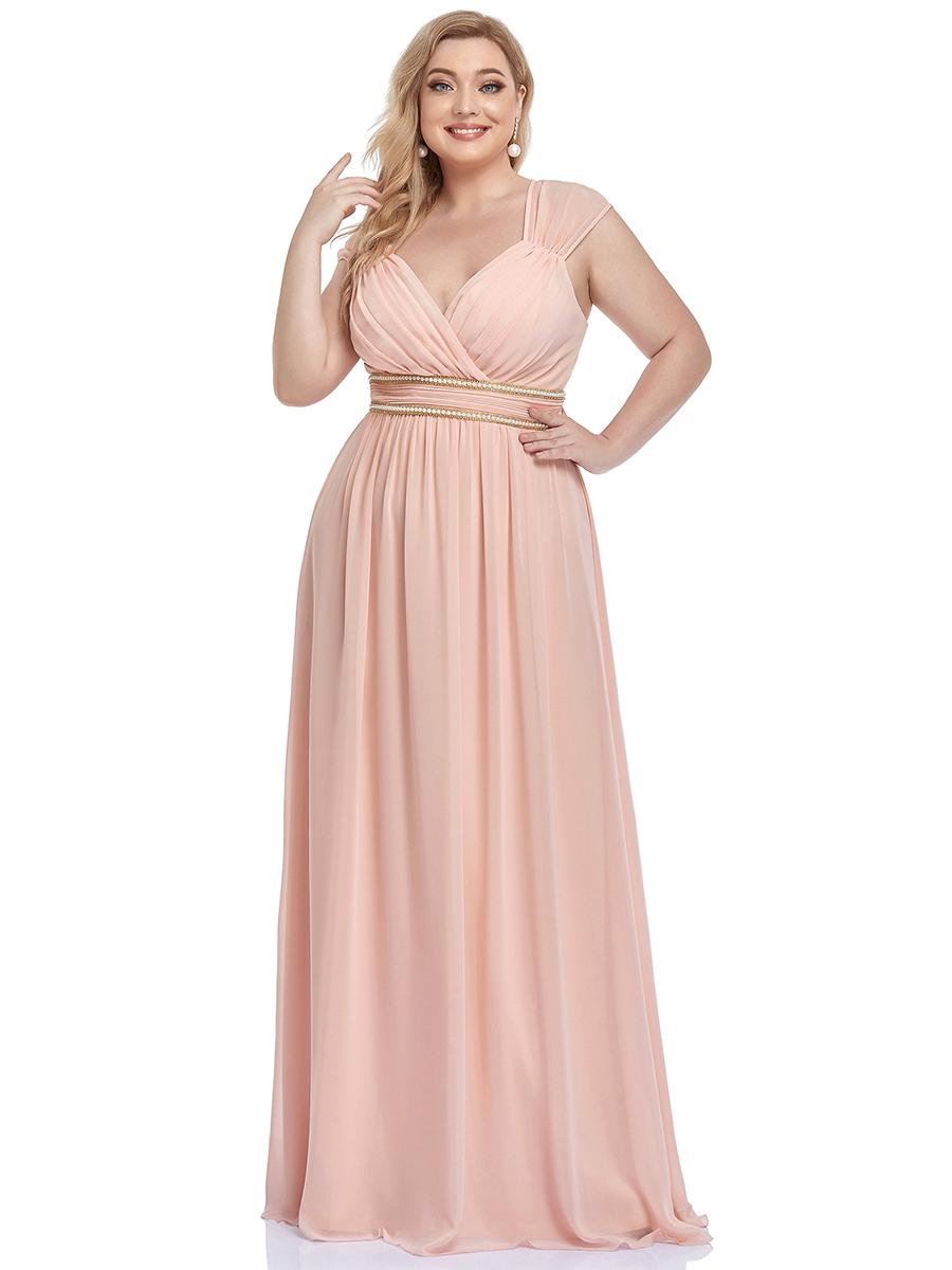 

Всегда красивое женское шифоновое платье подружки невесты без рукавов с v-образным вырезом и открытой спиной с жемчужной талией больших размеров 8XL розовый