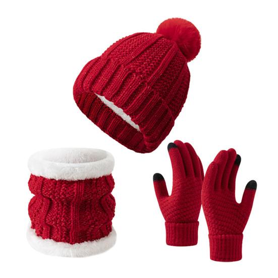 3Pcs/Set Winter Knitted Scarf Gloves Set Pom Pom Ball Fleece Lining Brimless Hat Touchscreen Gloves Neck Warmer Set