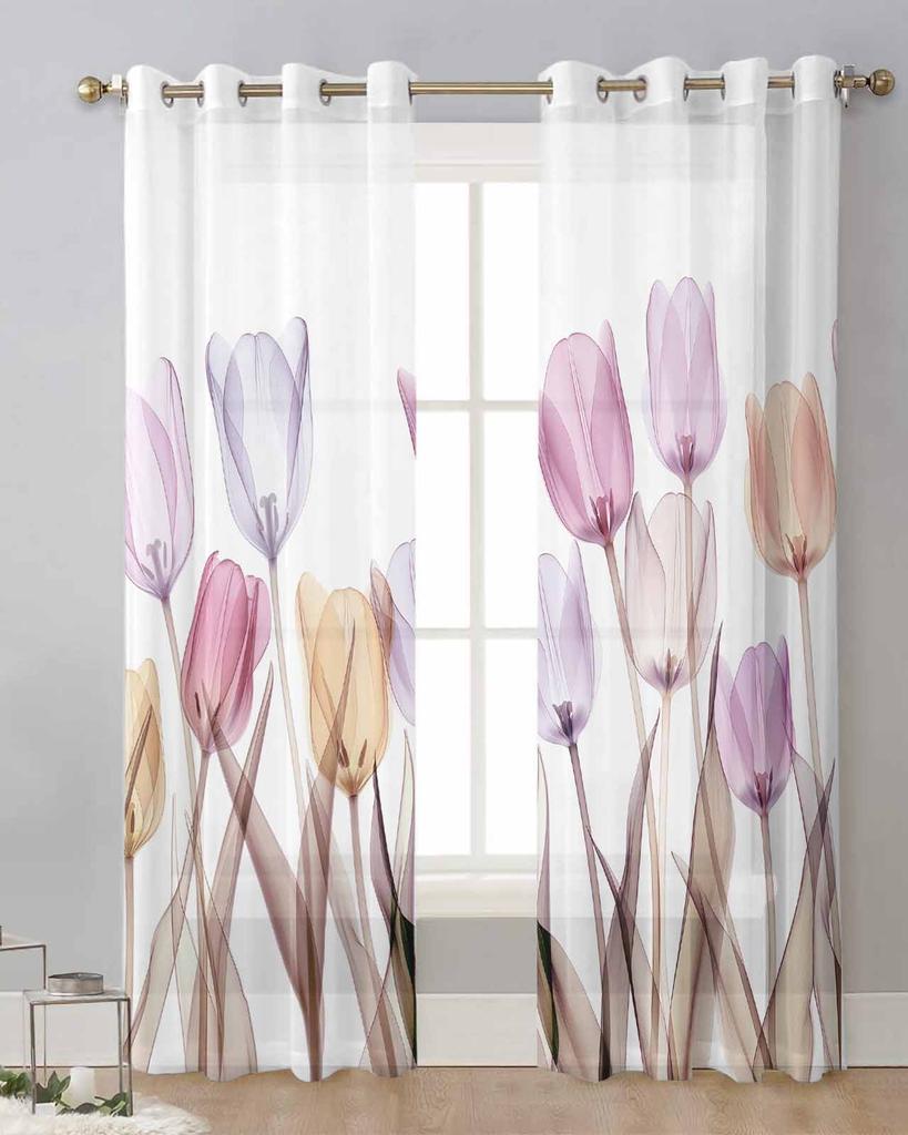 Tulip Flower Sheer Curtains for Living Room Decoration Window Curtains for Kitchen Tulle Voile Organza Curtains