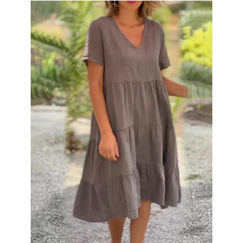 Fashion Women's Summer V Neck Casual Fashion Solid Color Pullover  Dress