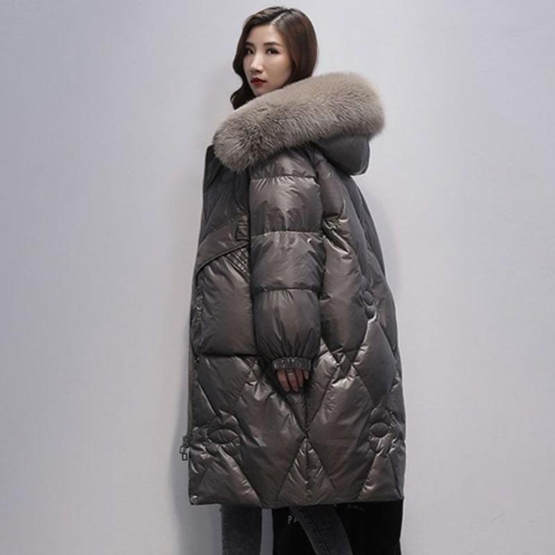 Wintermode Damen Langer Lockerer Schlanker Dicker Mantel mit Pelzkragen