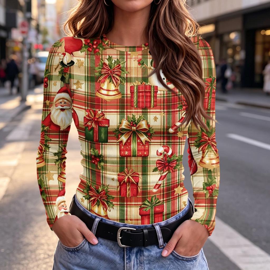 Damen Slim Fit Langarm-T-Shirt mit festlichem Aufdruck am Ausschnitt Lässiges Oberteil
