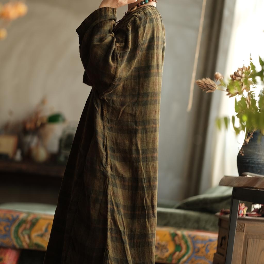 Johnature Damen Vintage Winter Grünes Gestreiftes Kleid O-Ausschnitt Langarm Locker Hohe Qualität Damenkleid