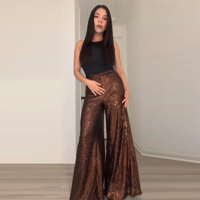 Elegant Shinny Sequin Long Pants Women Fashion High Waist Draped Loose Trousers Spring Autumn Casual Wide Leg Solid Color Party Pant