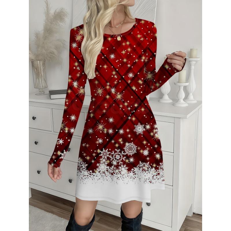 Winter Christmas Snowflake 3D Print Cute Santa Claus Women Dresses Fashion Long Sleeve Festival Ladies Loose A-Line Dress