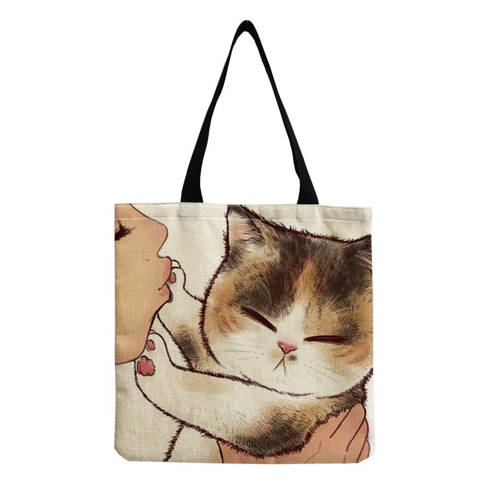 Damen Vintage Leinen-Tragetasche - Große Kapazität Katzen-Print Schulter-Handtasche für Freizeit & Lebensmitteleinkauf KTB
