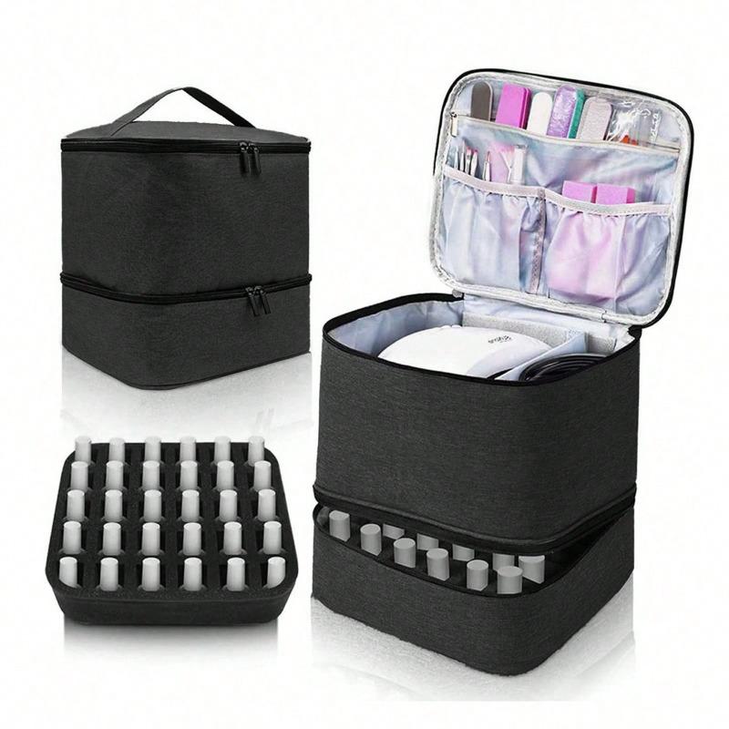 Double-Layer Elevated Makeup Bag for Women Large Capacity Portable Toiletry Case Cosmetic Nail Polish Storage Bag
