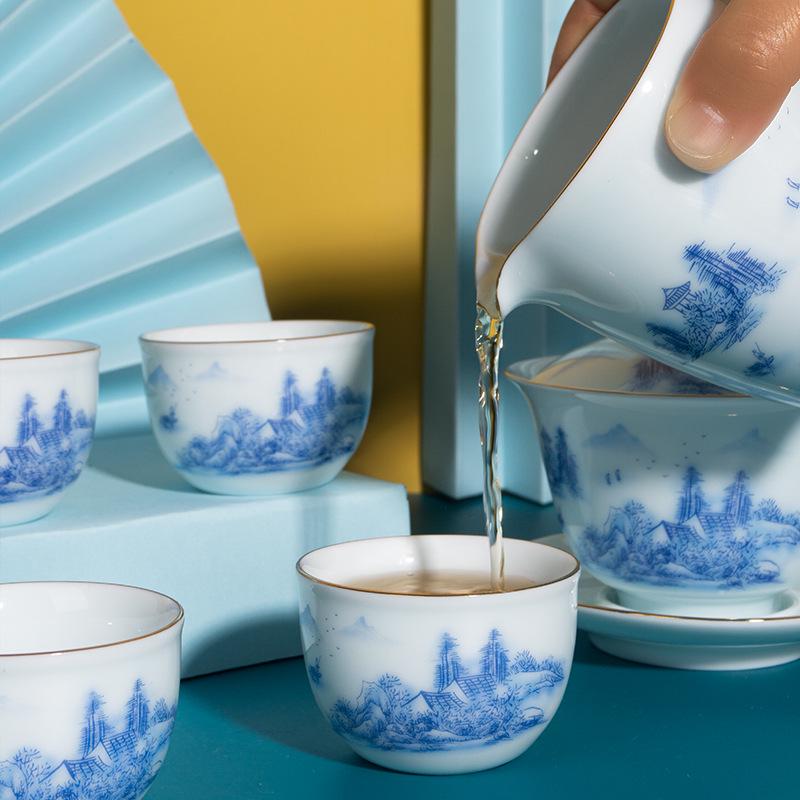 Celadon White Porcelain Tea Set with Gold Landscape: Complete Chinese Gaiwan Teapot and Teacup Set for Kung Fu Tea.