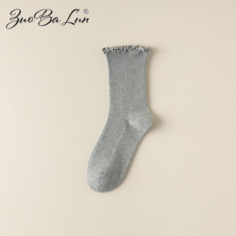 Barron Bubble Summer Cotton Lace Mid-Calf Socks with Wood Ear Edge - Japanese Sweet Style