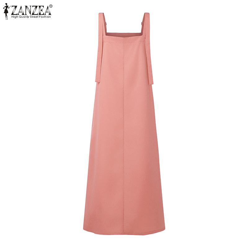 ZANZEA Womens Casual Square Collar Loose Sleeveless Overalls Dress