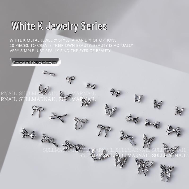

3D Silver Butterfly Bow Tie Nail Art Metal Accessories - Set of 10
