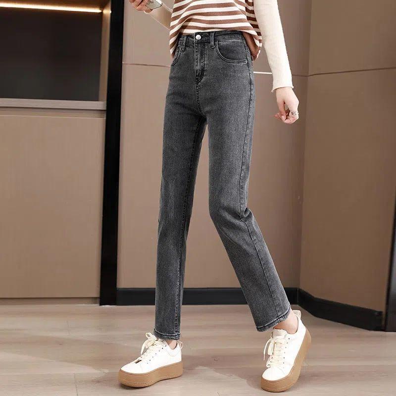 Jeans women's winter high waist pear shape body nine points fleece thickened cigarette pipe