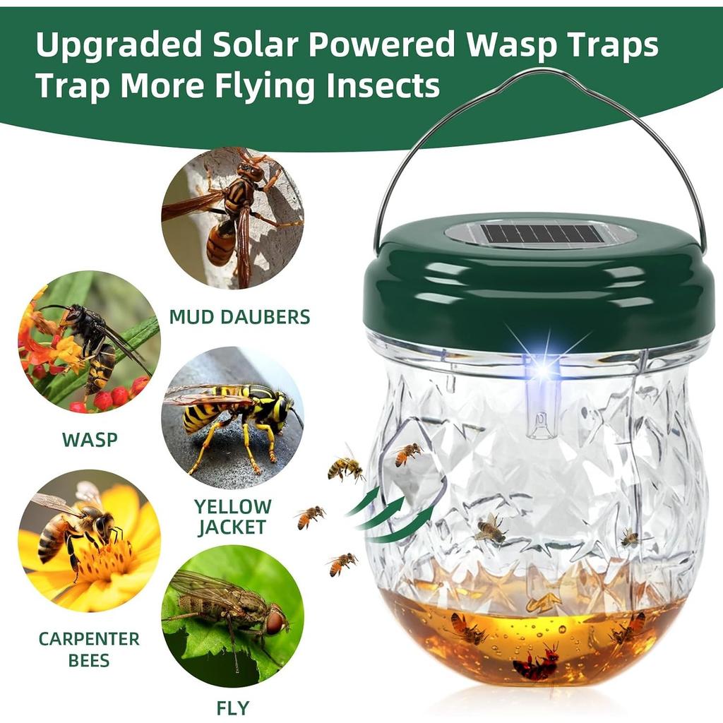 2026 Verbesserte Solare Wespenfalle, 4er-Pack Hängender Hornissen-Bienen-Fänger mit LED-Licht, Wiederverwendbare Gelbwesten-Falle