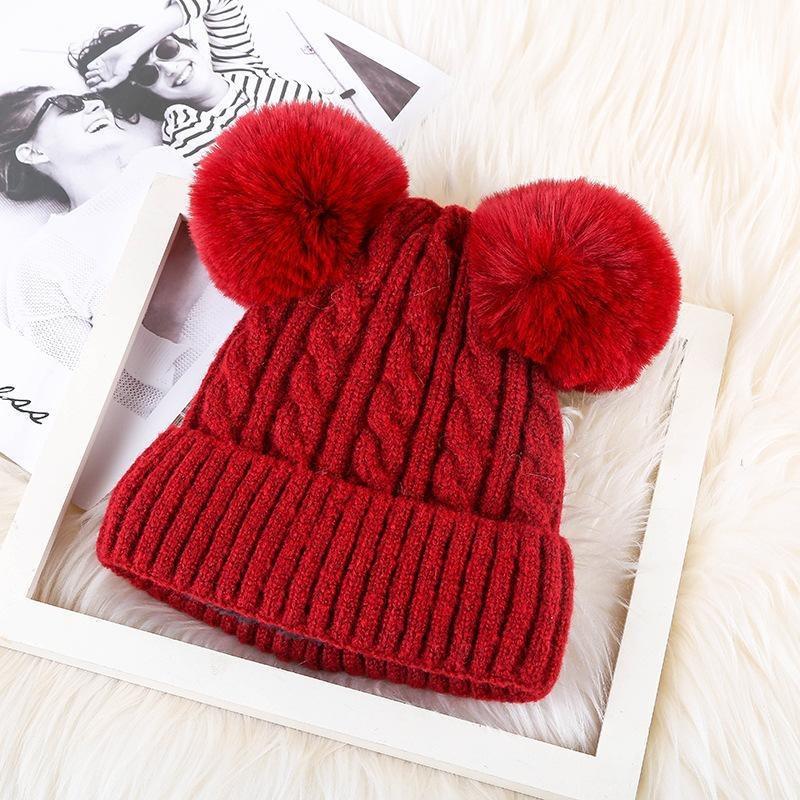Knitted hat children's winter new adult thickened plush double hairball pullover hat warm cute wool hat men