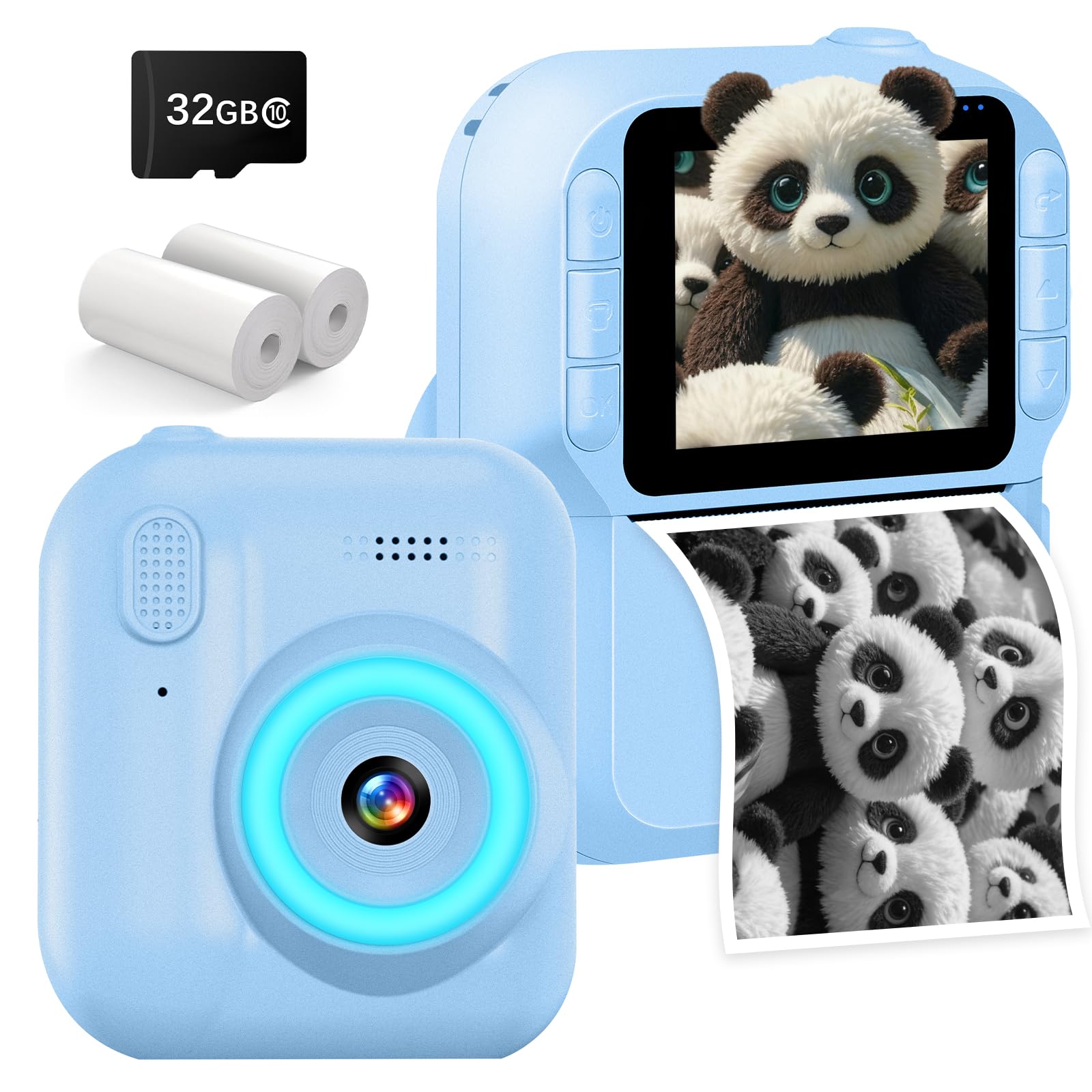 

for Thermal Print Large IPS Ages Boys and Birthday Educational Blue [New 2025] Kids Camera, 48MP, 1080P, 2.0-inch Screen, Type-C Rechargeable, 3-12, синий