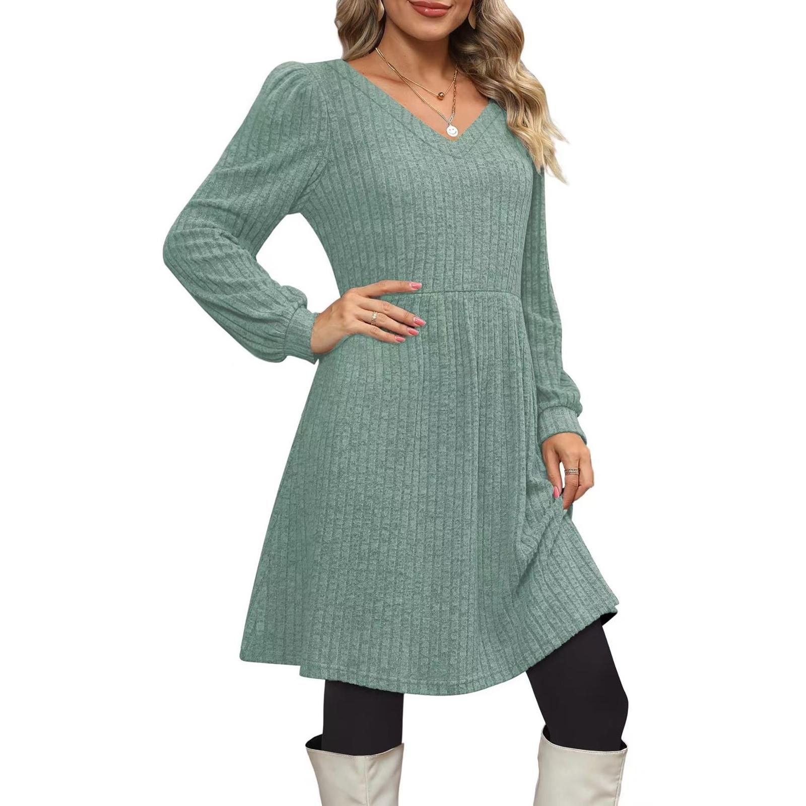 

Женский модный повседневный трикотажный свитер с V-образным вырезом и карманом, платье с длинным рукавом однотонное L