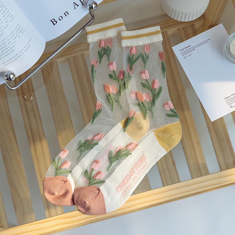 Spring/Summer Ultra Thin Vintage Crystal Silk Stockings for Women Socks for Women Mid-tube Stockings Breathable Cotton Sole Glass Silk Stockings