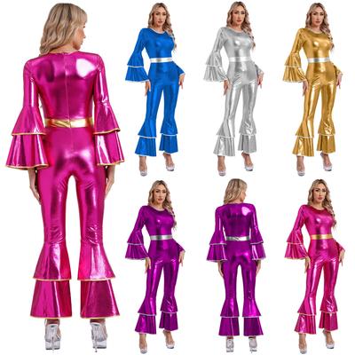Dames 70-talls Disco Kostyme Metallisk Skinnende Jumpsuit Lagdelt Trompeterm Klokkevidde Hippie Romper Ett Stykke Danseklær