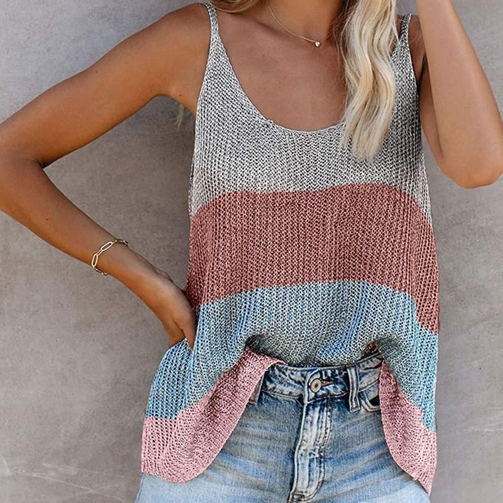 2026 Summer Women's Color Block Knit Tank Top, Round Neck Sleeveless Crochet Vest Cami for Casual Beach & Daily Wear