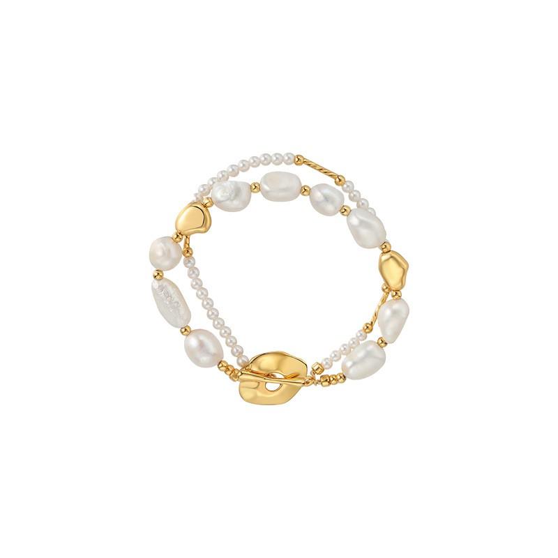 Elegant Gold Plated Double Layer Freshwater Pearl Bracelet Women French Vintage Style Irregular Geometric Design Chic