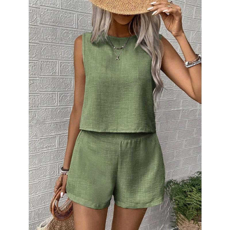 Women's Solid Color Sleeveless Vest Shorts Casual Fashion Two Piece Suit