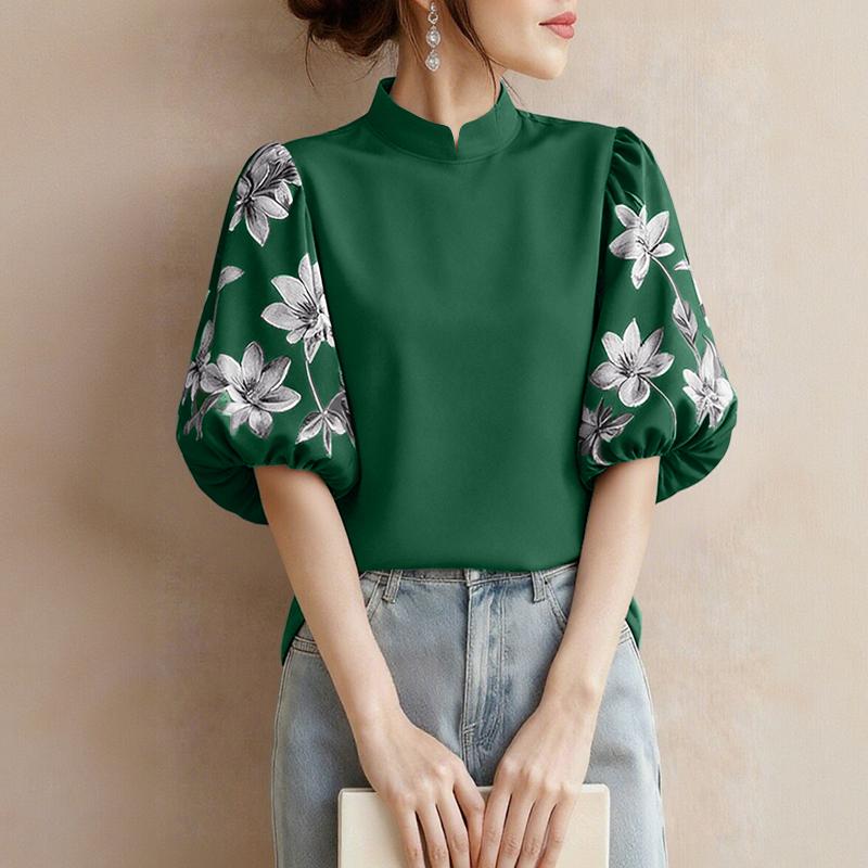 

ZANZEA Women Casual Stand Collar Summer Print Splice Half Sleeve Blouse 2XL зелёный