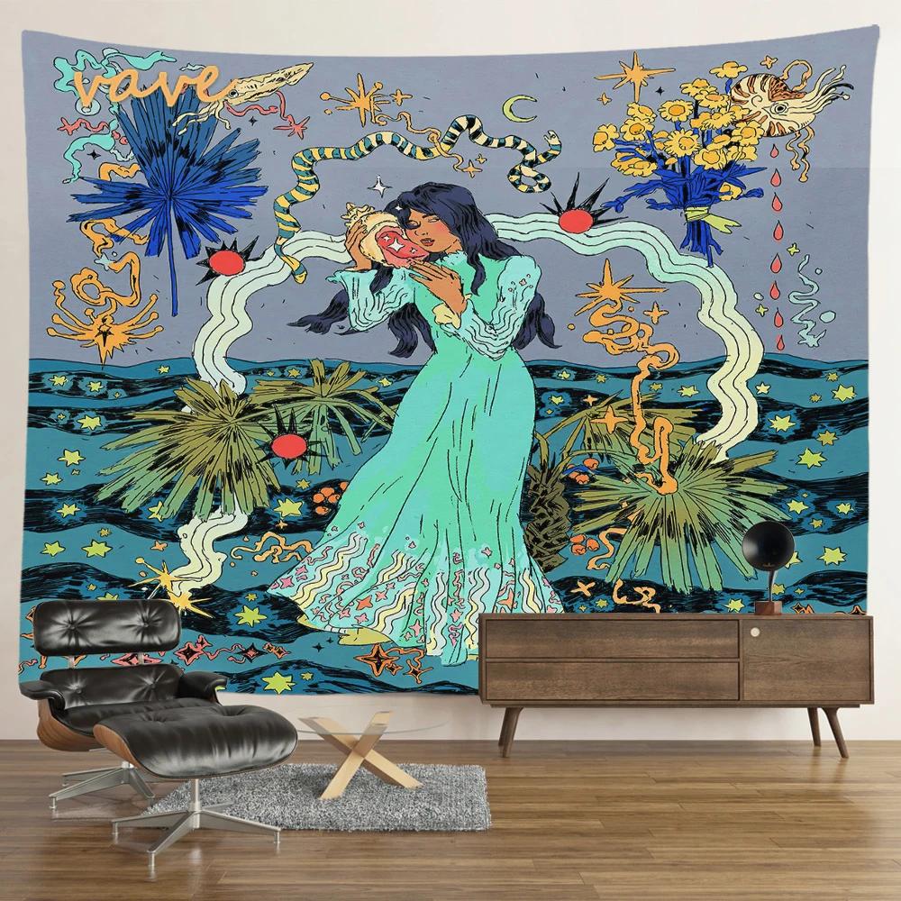 Hippie Psychedelischer Tiger Wandteppich, Wandbehang, Boho Zimmerdeko, Ästhetisch, Mysteriöse Blume, Dschungel Mondlandschaft, Wald