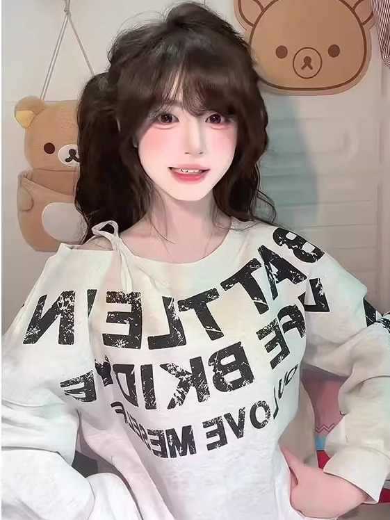 Американский ретро сладкая горячая штучка принт буквы косой вырез свитер женский весна осень свободный ленивый стиль с открытыми плечами M