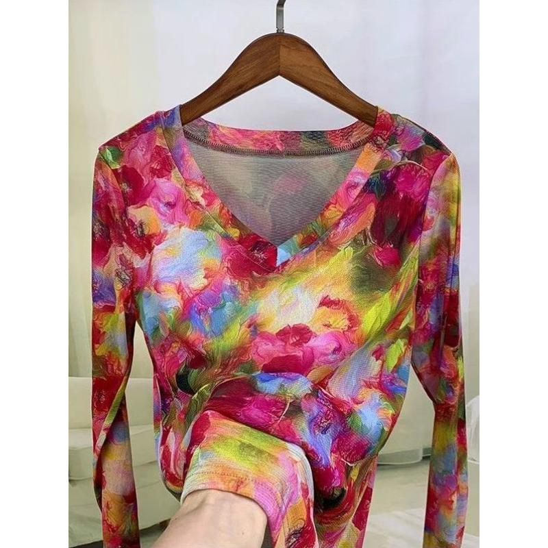 

Long-sleeved Slim Bottoming Autumn New Pullover T-shirt Trendy Mesh Top Foreign Style Soft Gauze Elastic L червоний