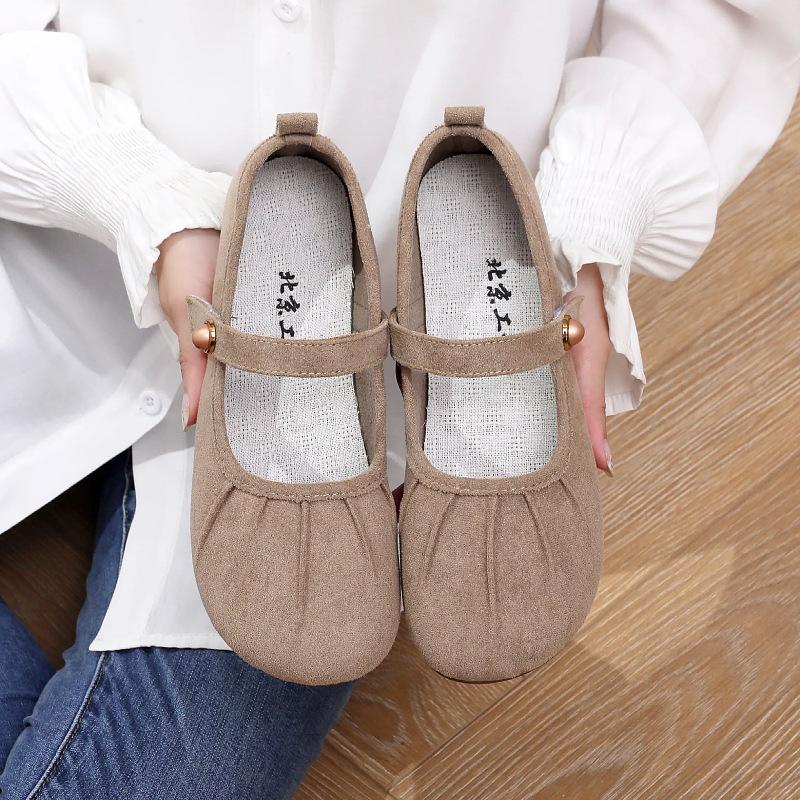 Spring and summer soft bottom round head one pedal gentle shallow mouth French flat bottom wrinkled single shoes round head non-slip soft sole ca