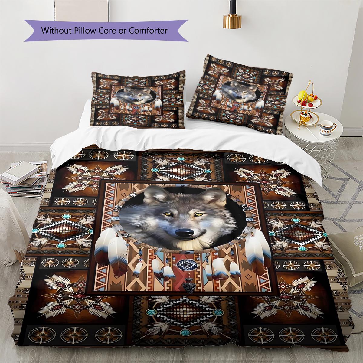 Native Indian Wolf Pattern Bedding Quilt Set Quilt Cover Pillowcase Home Decoration Birthday Gift (1 * duvet cover + 2 * pillowcase, without core) 135x200cm