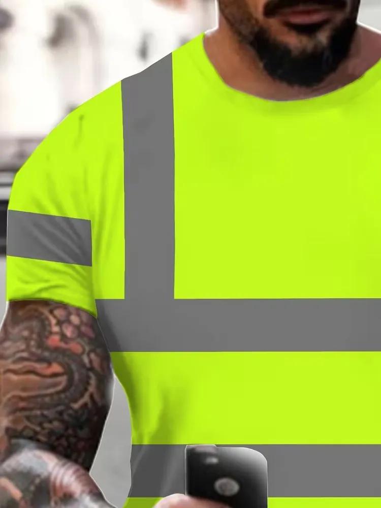 Herren Neon Gelbes Arbeits-T-Shirt, Reflektierendes Sicherheitsband-Design, Atmungsaktiv, Kurzarm für Außen- und Industriegebrauch